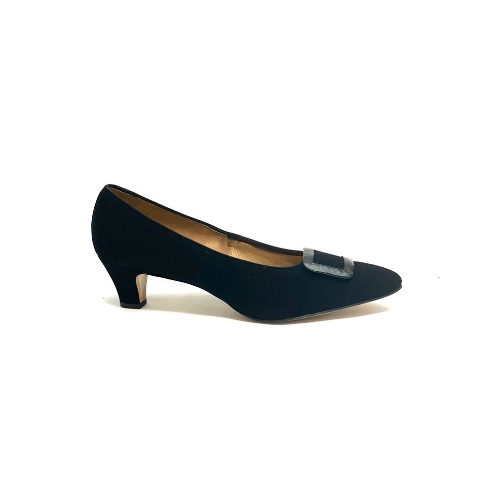 Vintage 1970s deadstock black suede oversized buckle slip on kitten heels
